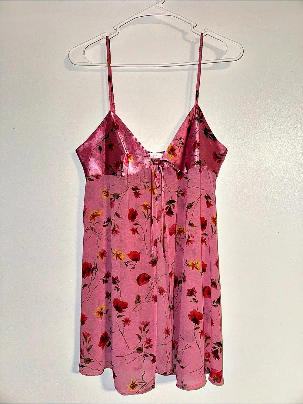 Victoria's Secret Pink Floral Satin Gown V-Neck Adjustable Tie Bow Aprox S